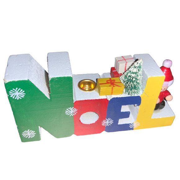 VINTAGE WOOD NOEL CANDLE HOLDER WITH BOTTLEBRUSH TREE SANTA decor - Picture 8 of 10